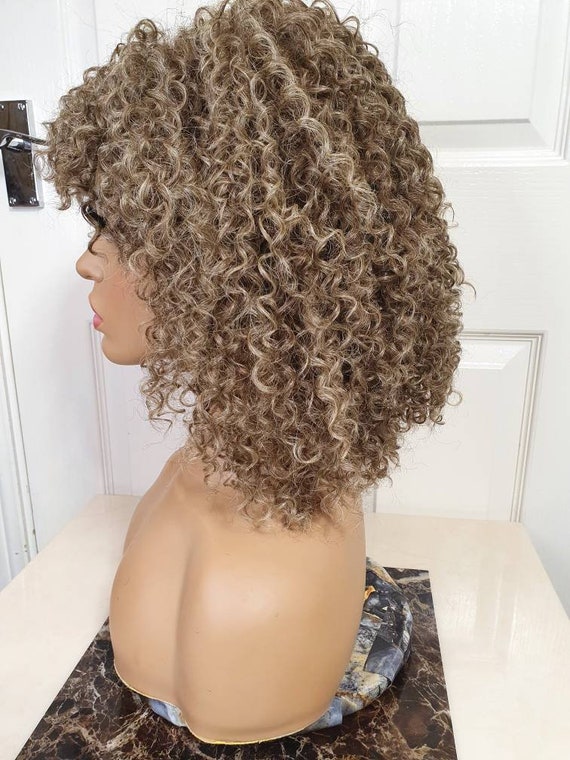 Human Hair Blend Full Perm Curly Tight Curls Afro Style Golden Brown Dark  Blonde Wig Curls Short Bob Small Cap Size 