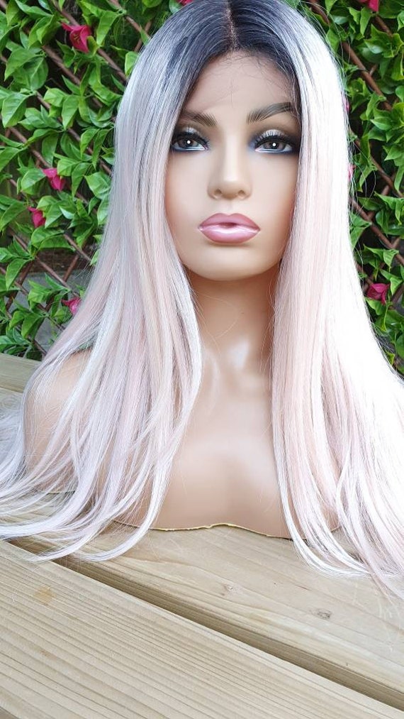 Kesha, Synthetic Wig Lace Front Wig, Low Density Ombre Dark Roots Rose Pink  Hair Wig 