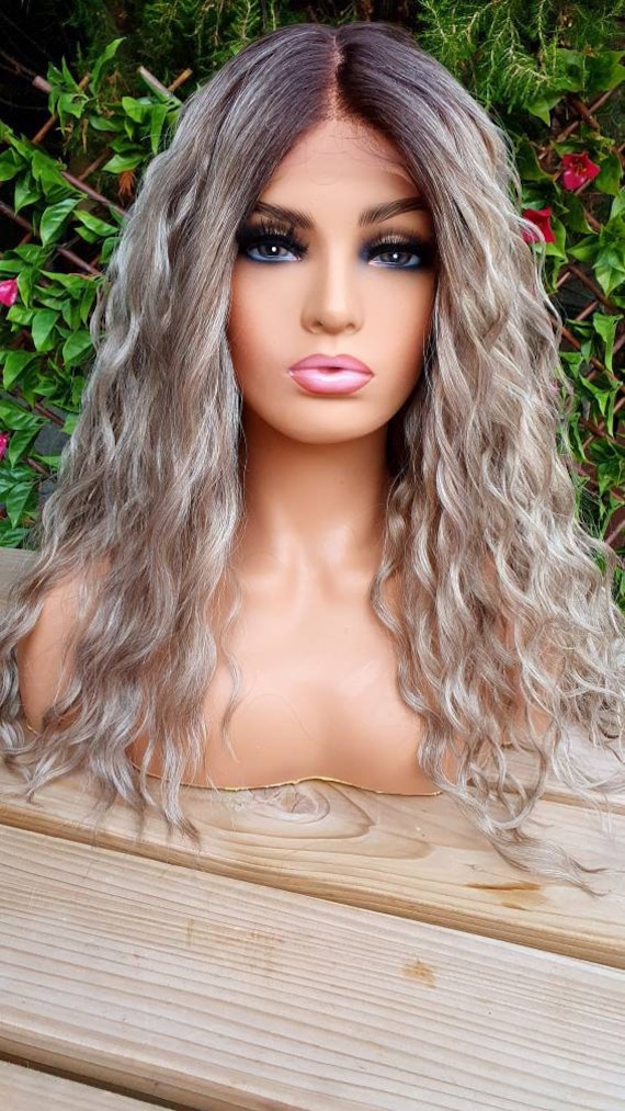 Porsche Silver Grey Sandy Ash Blonde Long Curly Waves Human Hair Blend Wig Perm Waves Wigs Light Lace