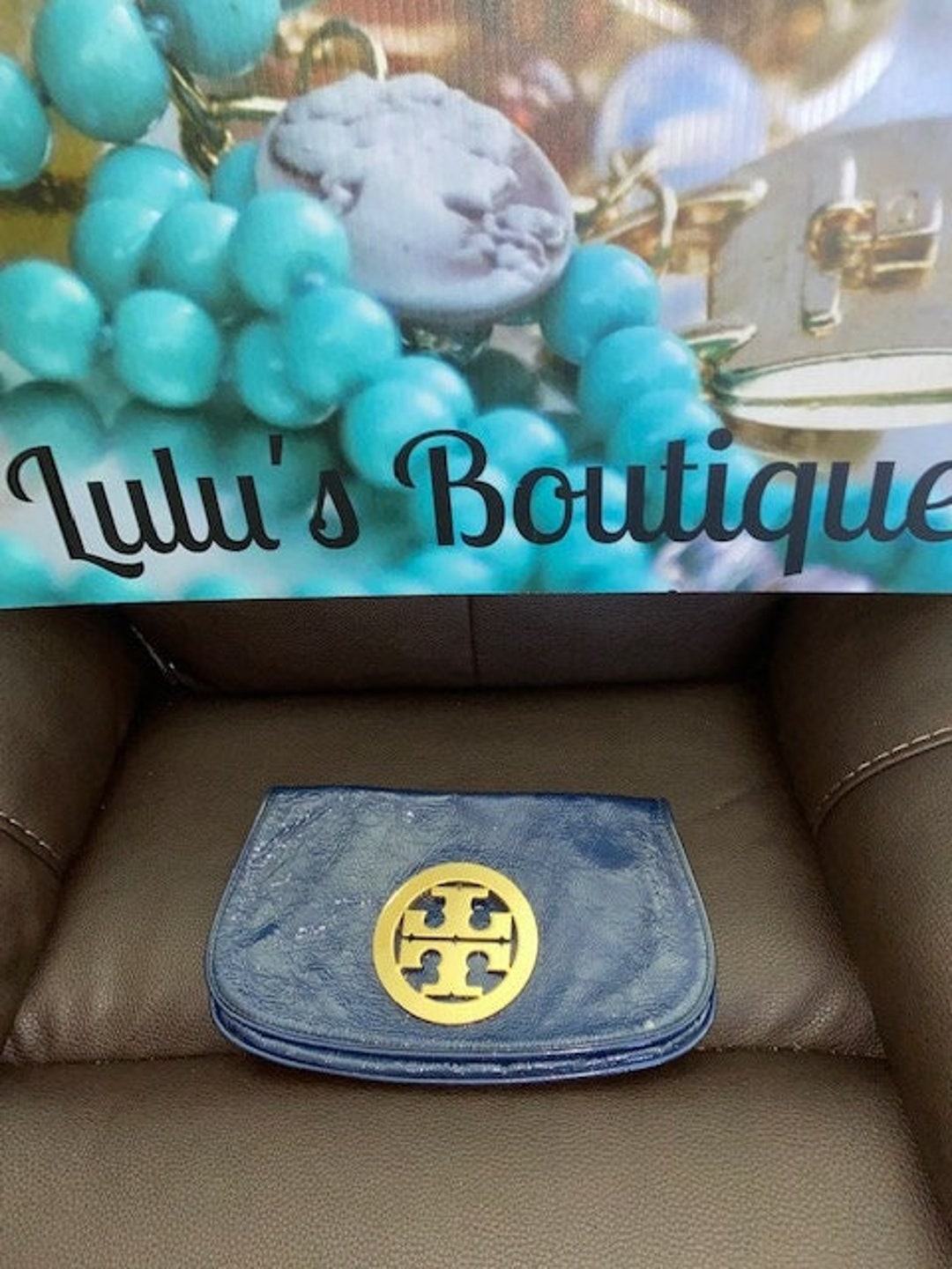 Tory Burch Navy Blue Gold Logo Patent Leather Clutch Purse T - Etsy