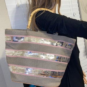 Victoria's Secret Bling Stripe Sequin Carryall Tote with Matching Wristlet