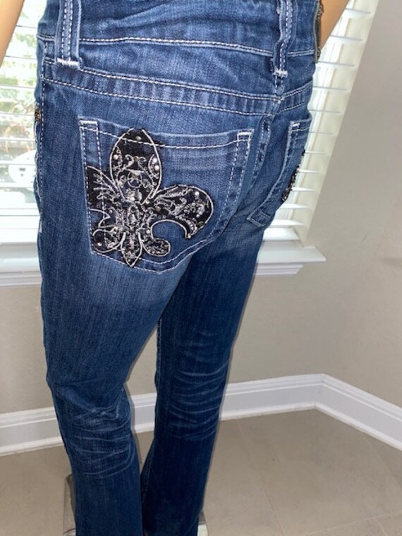 Fleur De Lis Black Embroidered Jeans Sz 