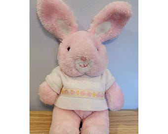 Vintage 1989 Animal Playthings Pink Easter Bunny Plush 16in Korea Sweater Toy