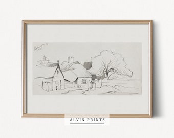 Vintage Country Landscape Sketch Wall Art - Antique Drawing Painting for Farmhouse Bedroom Living Room - Mailed Art Print