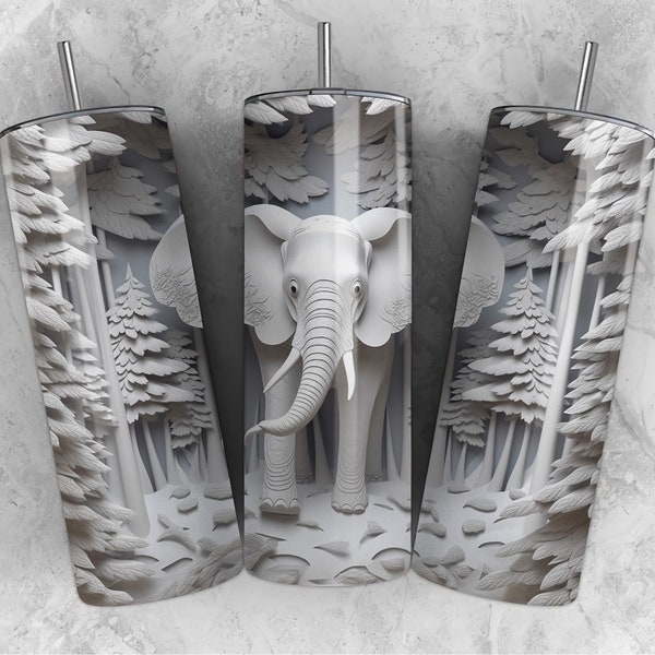 9 Files 3D White Elephant Bundle Sublimation Tumbler Design Download PNG, 20 Oz Digital Tumbler Wrap PNG Download