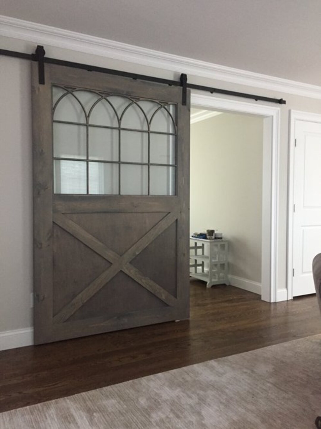 Custom Sliding Barn Door With Glass Insert and Gothic Grill - Etsy
