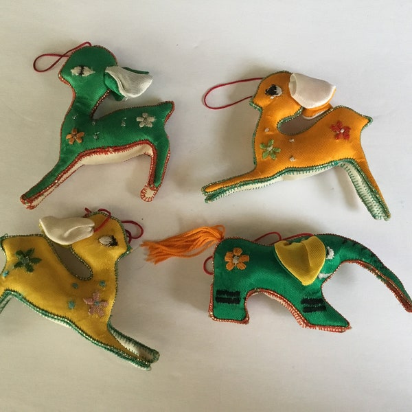 Vintage Embroidered Satin/Silk Ornaments, 3 Reindeer, 1 Elephant, Asian Inspired, Rare!