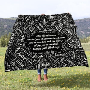 90th Birthday Blanket With Family Names And Milestone Sentimental Message, 90th Birthday Gifts for Mom and Grandma, Happy 90th Birthday Gift