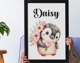 Personalized Penguin Print for Baby Girl, Penguin Nursery, Baby Wall Art, Baby Penguin Print, Baby Girl Penguin Decor