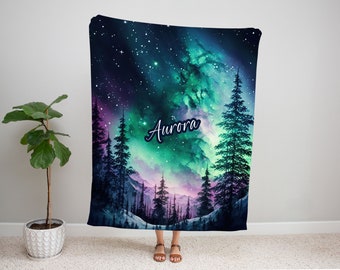 Aurora Name Blanket, Northern Lights Blanket, Personalized Aurora Borealis Blanket