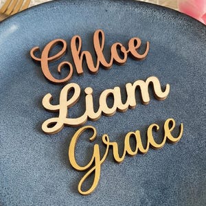 Op de afbeelding: Drie houten naamuitsparingen in verschillende kleuren: Chloe (koper), Liam (natuurlijk hout) en Grace (goud). De namen zijn in een cursief lettertype, geplaatst op een blauw bord. Ideaal voor bruiloften of evenementen.