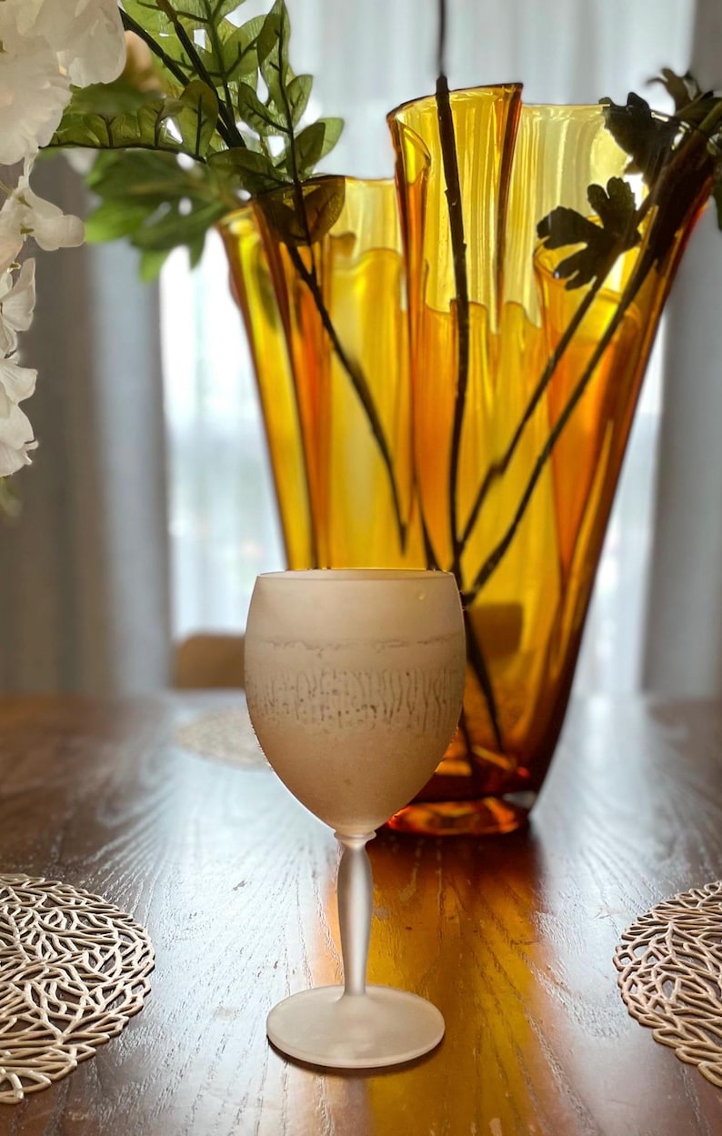 Schott Zwiesel Wine Glasses – one glass on table – Peachy Grey Iridescent Stemware