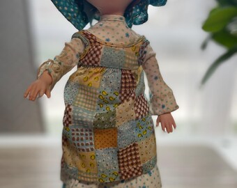 Vintage Holly Hobbie Doll, Patchwork Prairie Dress, Bonnet, Boots