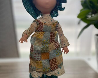 Vintage Holly Hobbie Doll, Patchwork Prairie Dress, Bonnet, Boots