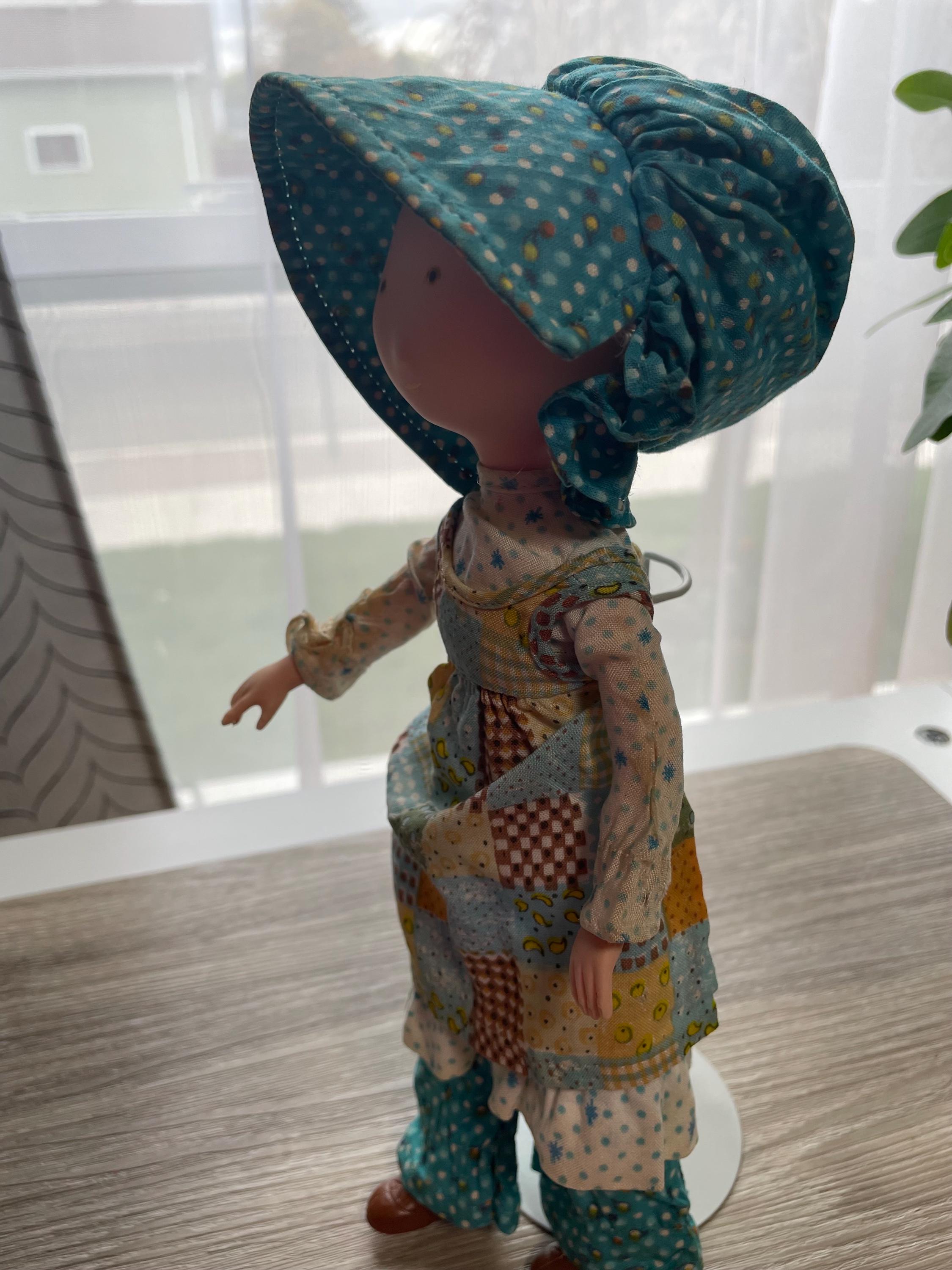 Vintage Holly Hobbie Doll, Patchwork Prairie Dress, Bonnet, Boots
