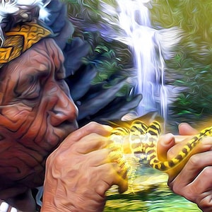 Può includere: Una rappresentazione artistica di due persone, ognuna con un copricapo di piume e segni sul viso, che condividono una pipa cerimoniale. La pipa ha la forma di un serpente giallo e nero. Una cascata e una vegetazione lussureggiante formano lo sfondo.