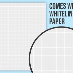 May include: A white gridded paper with a black circle around a section of the paper. The text "COMES WITH WHITELINES PAPER" is in black text on a light blue background.
