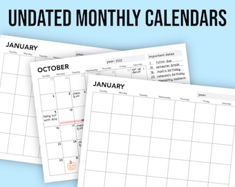 Undated Monthly Calendar Planner | January to December with Sunday, Monday Start | PDF Printable Download