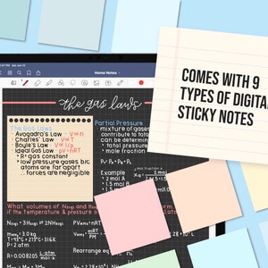May include: A digital tablet displaying handwritten notes on gas laws, with colorful sticky notes scattered around. The text "COMES WITH 9 TYPES OF DIGITAL STICKY NOTES" is visible. The tablet screen shows equations and formulas.