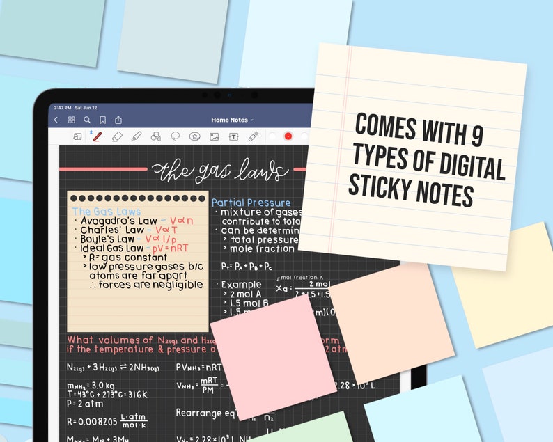 May include: A digital tablet displaying handwritten notes on gas laws, with colorful sticky notes scattered around. The text "COMES WITH 9 TYPES OF DIGITAL STICKY NOTES" is visible. The tablet screen shows equations and formulas.