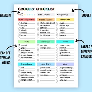 May include: A printable grocery checklist with a colorful design. The checklist is divided into categories such as fruits & vegetables, breads & grains, meat & fish, dairy, beverages, snacks, frozen foods, cans & jars, and other. Each category has a list of items with checkboxes next to them. The checklist also includes a section for circling the weekday and a section for entering the date and budget.