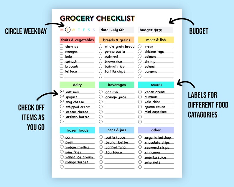 May include: A printable grocery checklist with a colorful design. The checklist is divided into categories such as fruits & vegetables, breads & grains, meat & fish, dairy, beverages, snacks, frozen foods, cans & jars, and other. Each category has a list of items with checkboxes next to them. The checklist also includes a section for circling the weekday and a section for entering the date and budget.