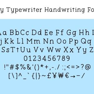 May include: A light blue background with a black typewriter font displaying the alphabet in uppercase and lowercase, numbers 0-9, and punctuation marks. The text reads "My Typewriter Handwriting Font".