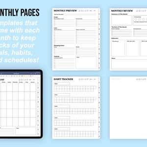 May include: A digital planner with monthly pages, preview, review, and habit tracker templates. The planner includes a calendar for August and sections for goals, lists, and reflections. Text on the image reads "MONTHLY PAGES" and "Templates that come with each month to keep tracks of your goals, habits, and schedules!"