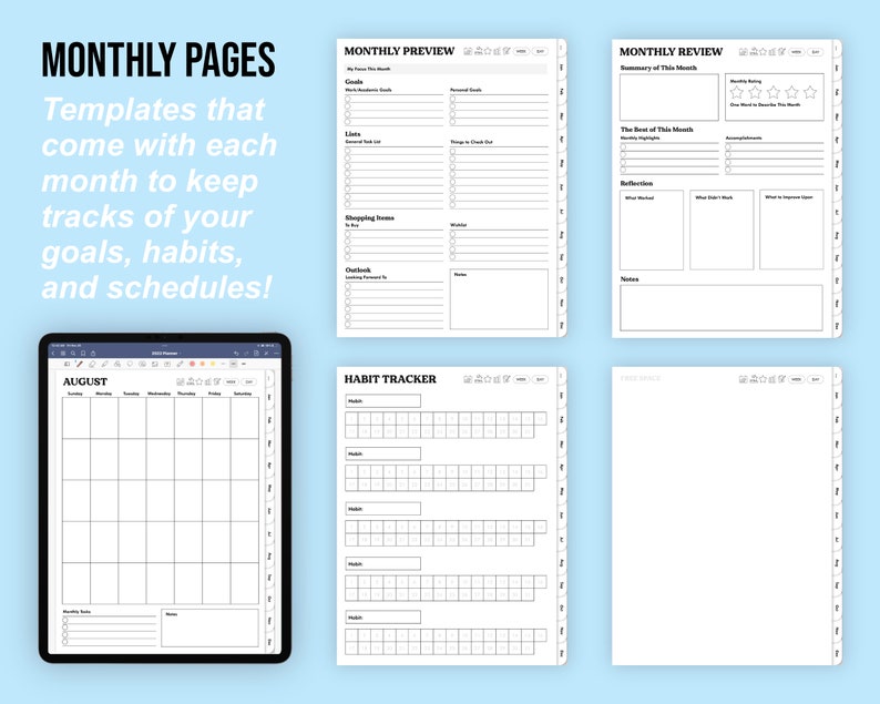 May include: A digital planner with monthly pages, preview, review, and habit tracker templates. The planner includes a calendar for August and sections for goals, lists, and reflections. Text on the image reads "MONTHLY PAGES" and "Templates that come with each month to keep tracks of your goals, habits, and schedules!"