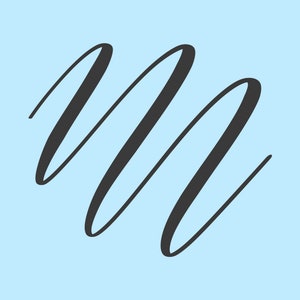 May include: A black cursive letter "M" on a light blue background.