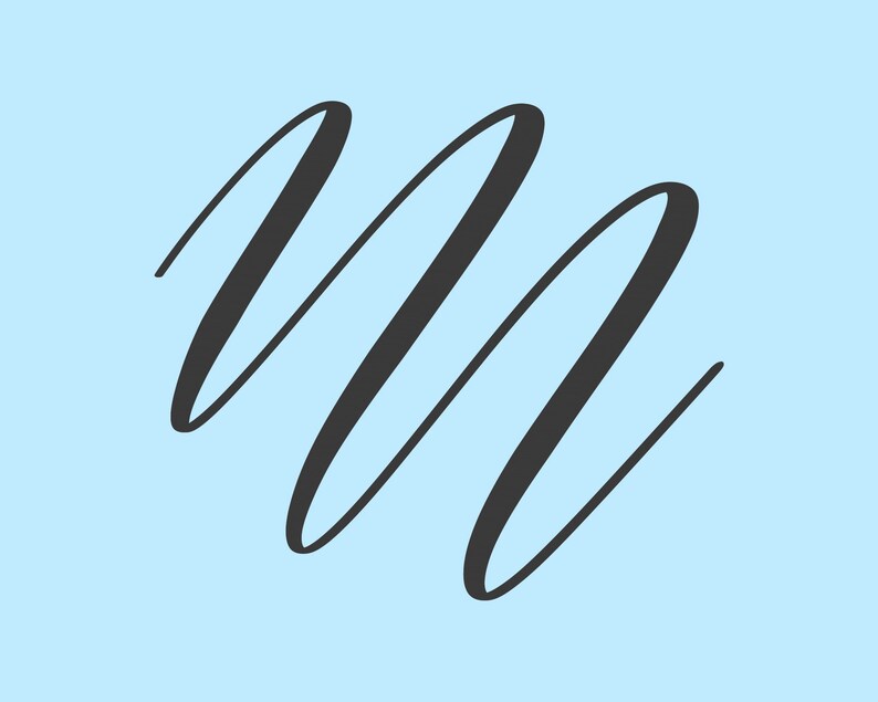 May include: A black cursive letter "M" on a light blue background.