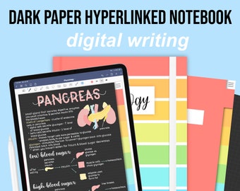 8 Tab Hyperlinked Digital Notebook | Black Dark Paper | Grid, Dot & Lined Paper Templates with Dividers