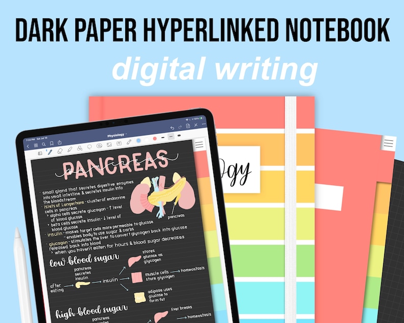 May include: A digital notebook app open on a tablet screen, showing a diagram of the pancreas and its functions. The app has a dark background with white text and colorful illustrations. The text includes "PANCREAS", "low blood sugar", and "high blood sugar".