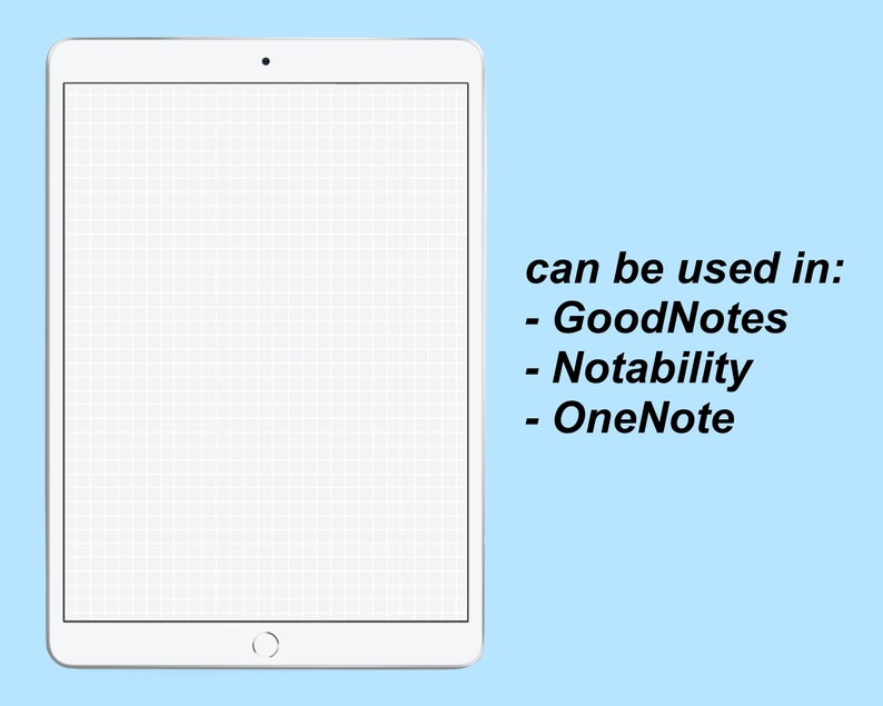 K&ouml;nnte beinhalten: Ein wei&szlig;es Tablet-Computer mit einem Rastermuster auf dem Bildschirm. Das Tablet kann in GoodNotes, Notability und OneNote verwendet werden.