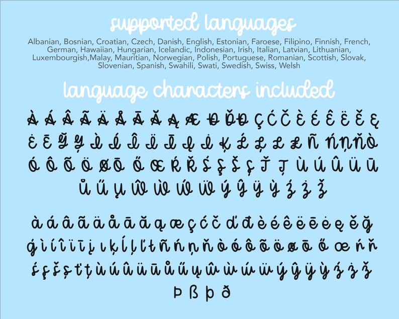 May include: A blue background with black text listing supported languages and language characters included. The languages include Albanian, Bosnian, Croatian, Czech, Danish, English, Estonian, Faroese, Filipino, Finnish, French, German, Hawaiian, Hungarian, Icelandic, Indonesian, Irish, Italian, Latvian, Lithuanian, Luxembourgish, Malay, Mauritian, Norwegian, Polish, Portuguese, Romanian, Scottish, Slovak, Slovenian, Spanish, Swahili, Swati, Swedish, Swiss, and Welsh. The characters include &Agrave; &Aacute; &Acirc; &Acirc; &Acirc; &Acirc; &Atilde; &Atilde; Ą &AElig; &ETH; &Ouml;&ETH; &Ccedil; Ć Č &Egrave; &Eacute; &Ecirc; &Euml; Ě Ę &Eacute; &Ecirc; Y Y &Igrave; &Aacute; &Acirc; &Auml; &Atilde; &cent; &Iacute; K L L L &pound;&ntilde; ńņňo &Oacute; &Ocirc; &Otilde; &Ouml; &Oslash; &Otilde; &Ouml; &OElig; Ŕ Ř &Iacute; Ş &Scaron; F Ť J&Ugrave; &Uacute; &Ucirc; &Uuml; &Uuml; ů űџ www về &yacute; &yuml; &yuml; ỳ &yacute; z ž &agrave; &aacute; &acirc; &atilde; &atilde; &atilde; &atilde; &atilde; ą &oelig; &ccedil; ć č ď đ &egrave; &eacute; &ecirc; &euml; ē ė ę ě ğ ģ &igrave;&iacute;&icirc; &iuml; &igrave; ji ķĺļľ t &ntilde; ń ņ &ntilde; &ograve; &oacute; &ocirc; &otilde; &ouml; &oslash;&oacute;&oacute;&oelig;ŕň &Iacute; f &scaron; s ť ţ &ugrave; &uacute; &ucirc; &ugrave; &ugrave; ů &uacute; ụ cũ &ugrave; &ugrave; &ugrave; &yacute; &yuml; &yuml; ỳ &yacute; ž ž