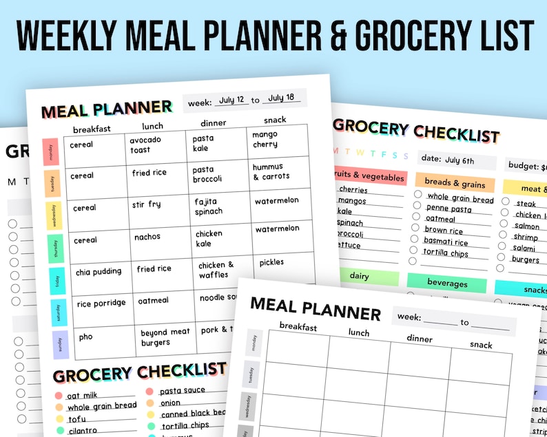 May include: A printable weekly meal planner and grocery checklist with colorful sections for breakfast, lunch, dinner, and snacks. The checklist includes categories for fruits and vegetables, breads and grains, meat and dairy, beverages, and snacks.