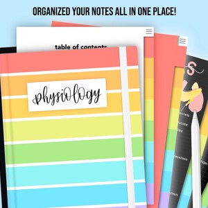 May include: A digital notebook with a rainbow cover and the word "Physiology" written in black cursive. The notebook is open to a table of contents page. The notebook is on a tablet with a white stylus.