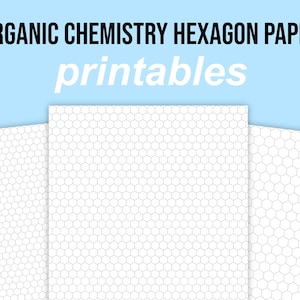 Puede incluir: Tres hojas de papel hexagonal imprimible para química orgánica. El papel es blanco con una cuadrícula hexagonal gris claro.