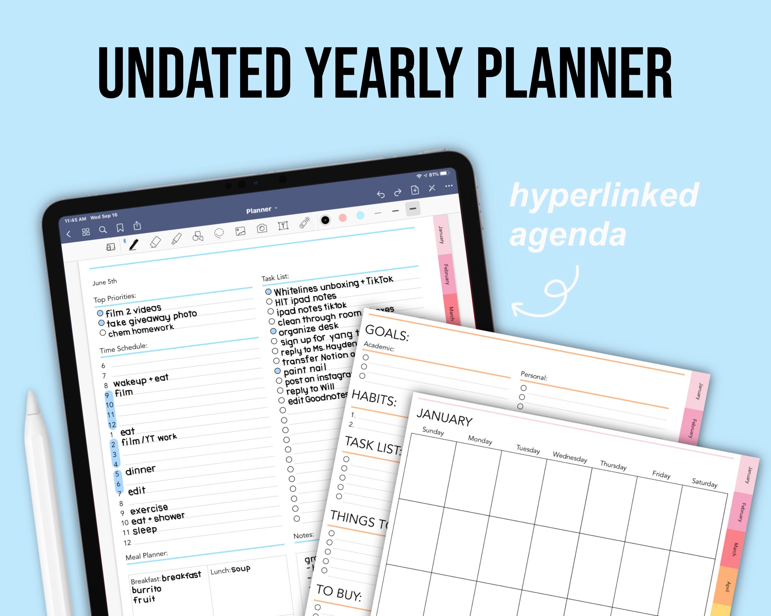 Undated Digital Yearly Planner | Hyperlinked Agenda