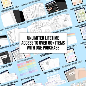 May include: A collection of digital planning and note-taking templates, including sticky notes, planners, and notebooks. The image features various digital products with text overlays like "Unlimited Lifetime Access" and "Over 60+ Items". The color palette is soft, with pastel hues.