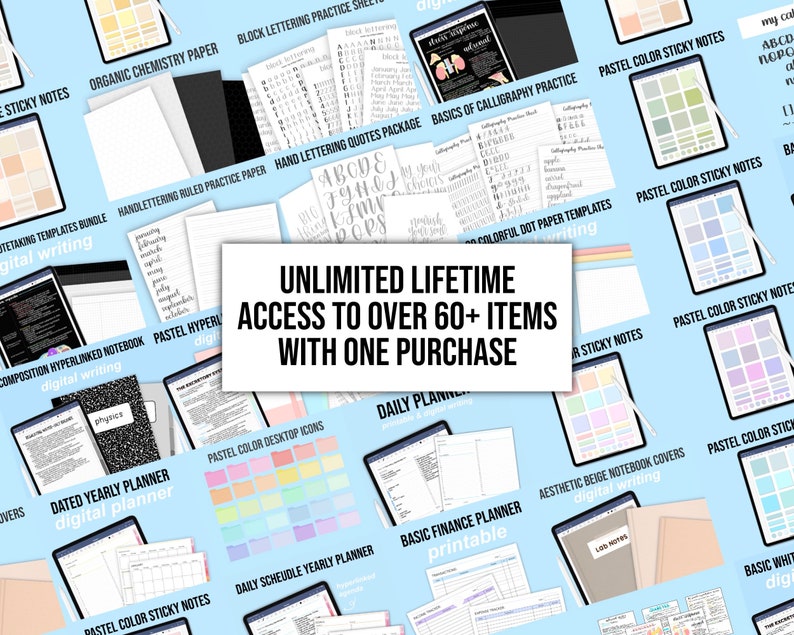 May include: A collection of digital planning and note-taking templates, including sticky notes, planners, and notebooks. The image features various digital products with text overlays like "Unlimited Lifetime Access" and "Over 60+ Items". The color palette is soft, with pastel hues.