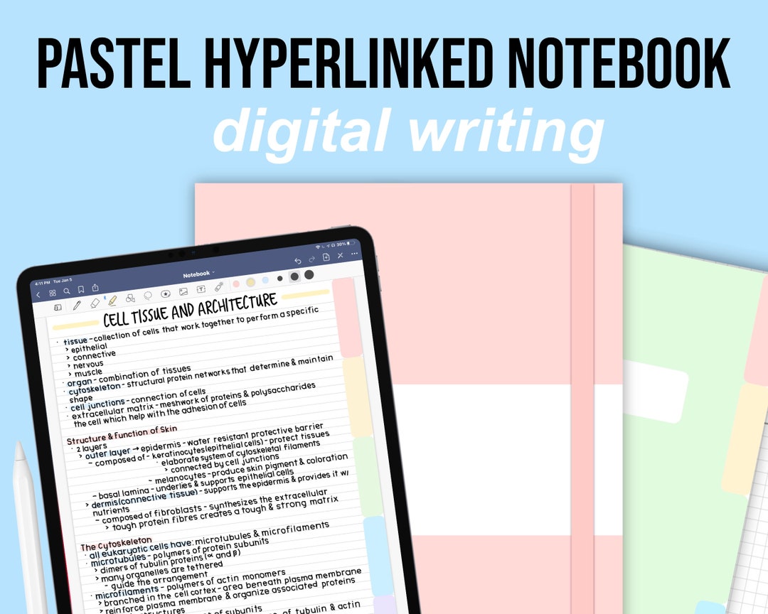 5 Tab Hyperlinked Digital Notebook | Pastel Lined & Grid Paper - Etsy
