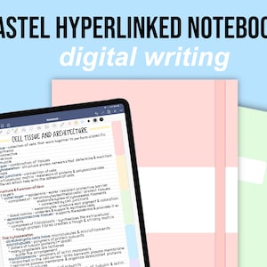 Op de afbeelding: Een digitale notitieboek-app op een tabletscherm met pastelroze, gele en groene achtergronden. De app is geopend op een pagina met de titel "Celweefsel en architectuur" en notities over de structuur en functie van cellen.