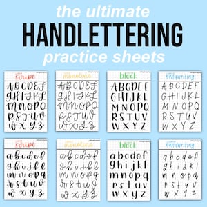 May include: A light blue background with the text "the ultimate HANDLETTERING practice sheets" in black. Below are eight practice sheets with different lettering styles, including script, monoline, block, and handwriting, each displaying the alphabet.