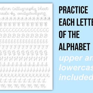 Pode incluir: Uma folha de pr&aacute;tica de caligrafia imprim&iacute;vel que apresenta todas as letras do alfabeto em mai&uacute;sculas e min&uacute;sculas. A folha &eacute; intitulada "Modern Calligraphy Sheet" e &eacute; feita por "emilystudying".