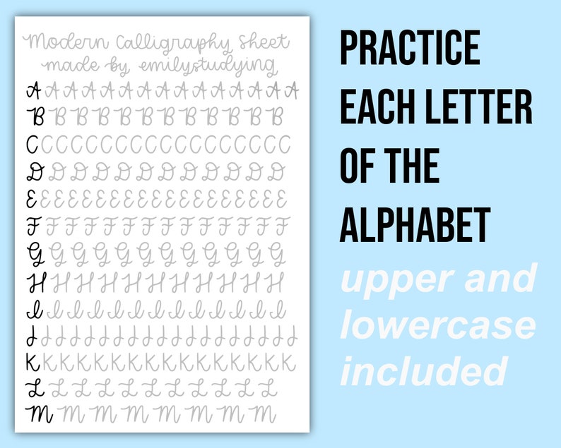 Pode incluir: Uma folha de pr&aacute;tica de caligrafia imprim&iacute;vel que apresenta todas as letras do alfabeto em mai&uacute;sculas e min&uacute;sculas. A folha &eacute; intitulada "Modern Calligraphy Sheet" e &eacute; feita por "emilystudying".