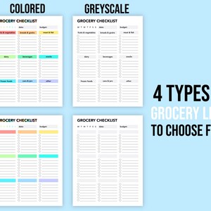 May include: Four printable grocery list templates in different styles: colored, grayscale, labeled, and unlabeled. Each template includes sections for fruits & vegetables, breads & grains, meat & fish, dairy, beverages, snacks, frozen foods, cans & jars, and other.