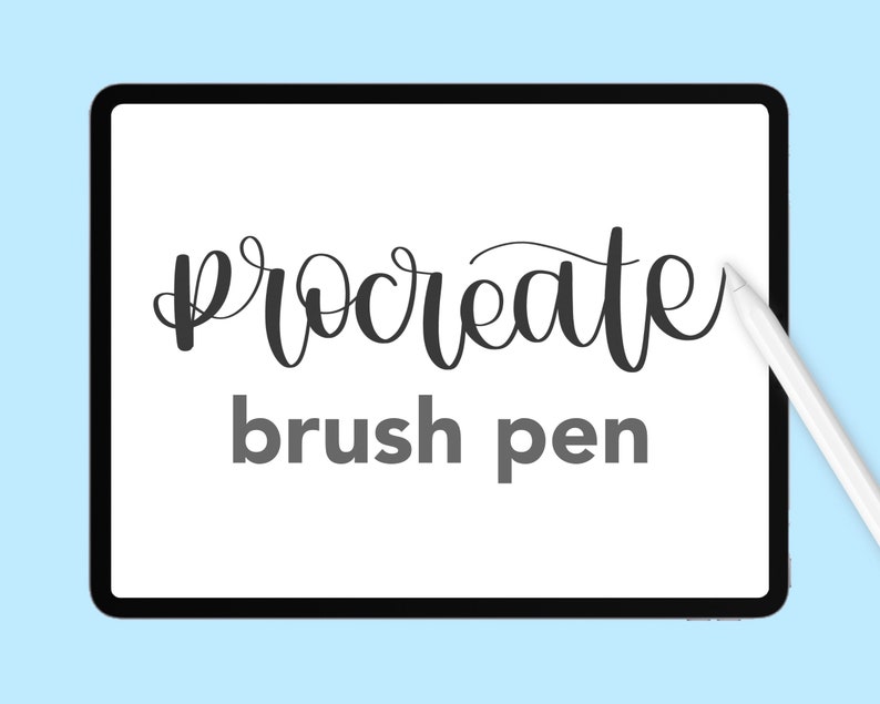 May include: A white digital drawing tablet with a black border, displaying the text "procreate brush pen" in a handwritten font. A white stylus is positioned to the right of the tablet.