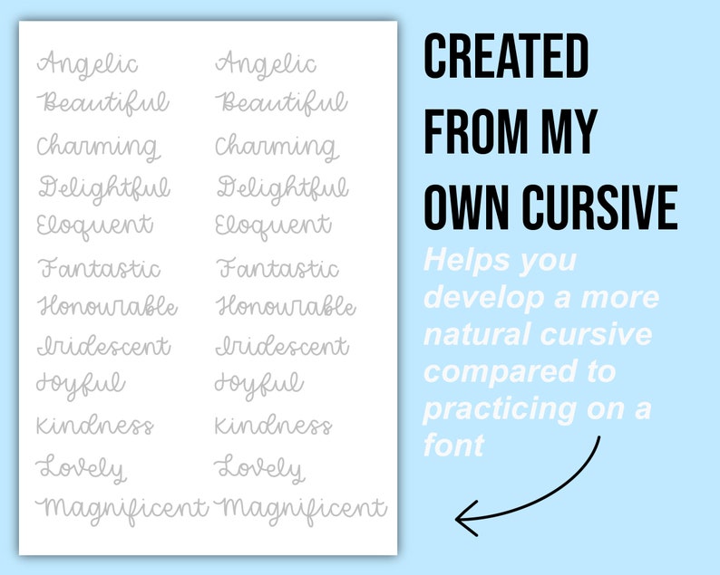 Pode incluir: Uma folha de papel branca com as palavras "Angelic", "Beautiful", "Charming", "Delightful", "Eloquent", "Fantastic", "Honourable", "Iridescent", "Joyful", "Kindness", "Lovely" e "Magnificent" escritas em letra cursiva. O texto &eacute; repetido duas vezes na folha. As palavras "CREATED FROM MY OWN CURSIVE" est&atilde;o escritas em texto preto sobre um fundo azul claro. O texto "Helps you develop a more natural cursive compared to practicing on a font" tamb&eacute;m est&aacute; escrito em texto preto sobre um fundo azul claro. Uma seta aponta para o texto em cursiva.