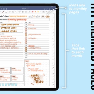 May include: Digital planner on a tablet screen, featuring a daily schedule with priorities and tasks. The planner includes sections for breakfast, lunch, and dinner, with the text "You got this." The planner has tabs for each month and icons linking to monthly pages.